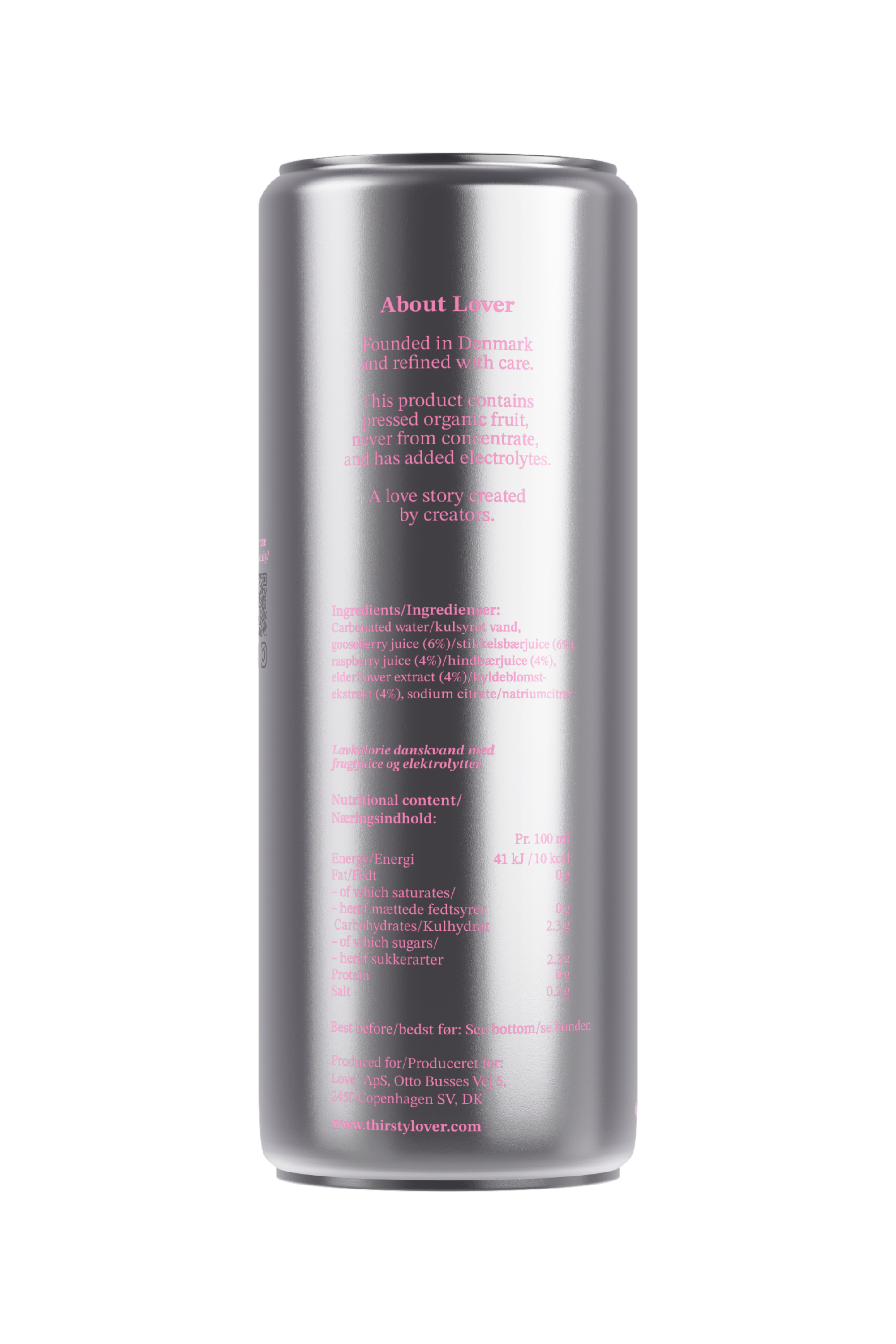 LOVER Berry electrolyte sparkling water with sodium in a 33cl silver aluminum can shown from a back-facing studio view.