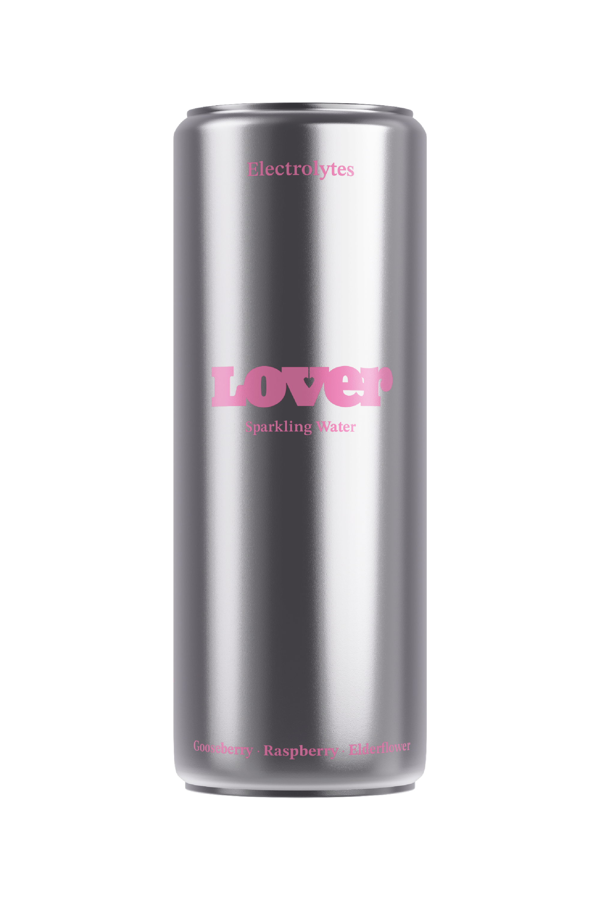 LOVER Berry electrolyte sparkling water with sodium in a 33cl silver aluminum can shown from a front-facing studio view.
