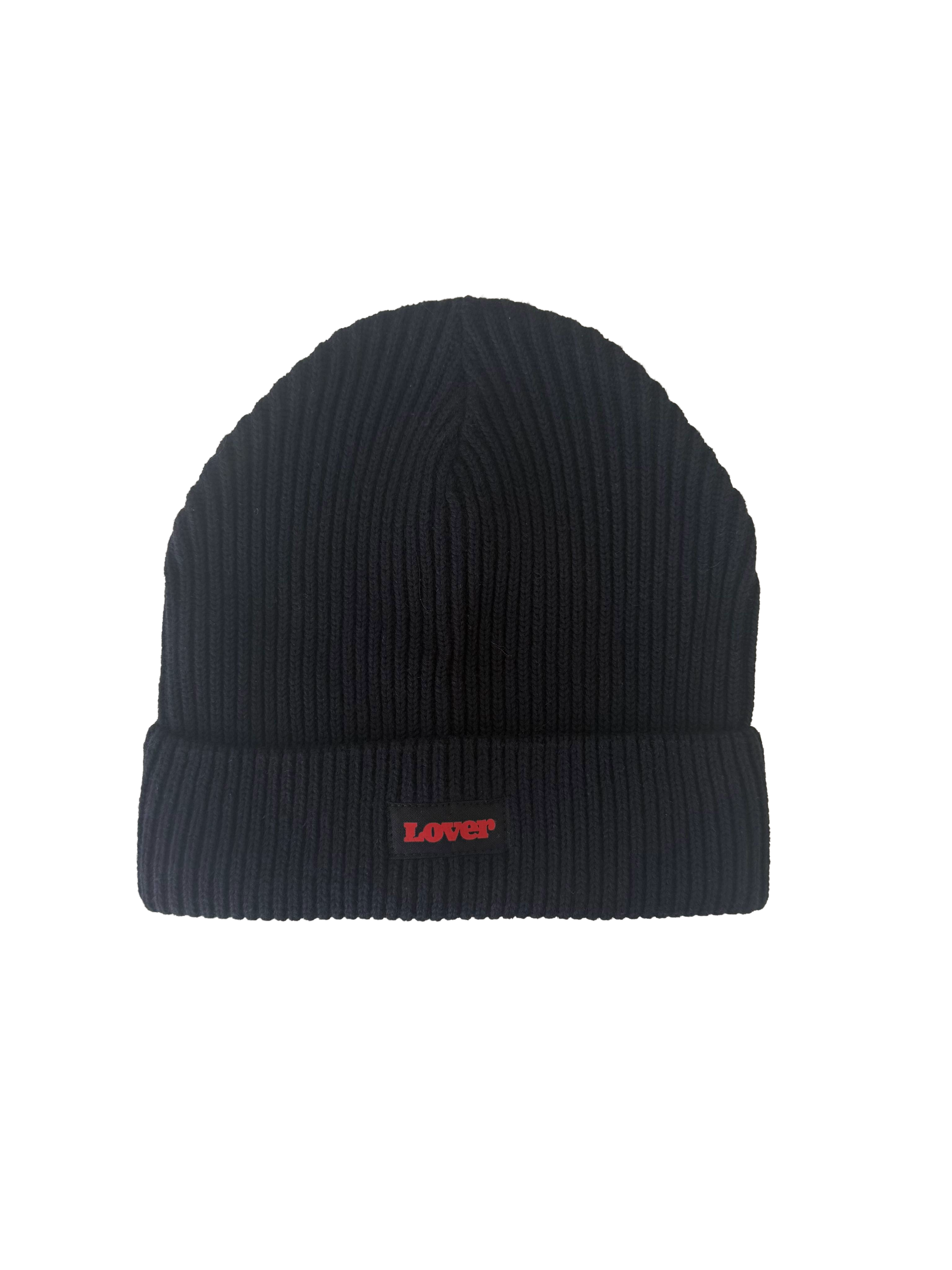 LOVER Fisherman ribbed beanie made from 95% organic cotton featuring a red LOVER logo on the front.