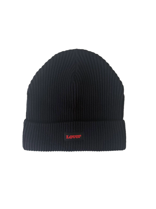 LOVER Fisherman ribbed beanie made from 95% organic cotton featuring a red LOVER logo on the front.