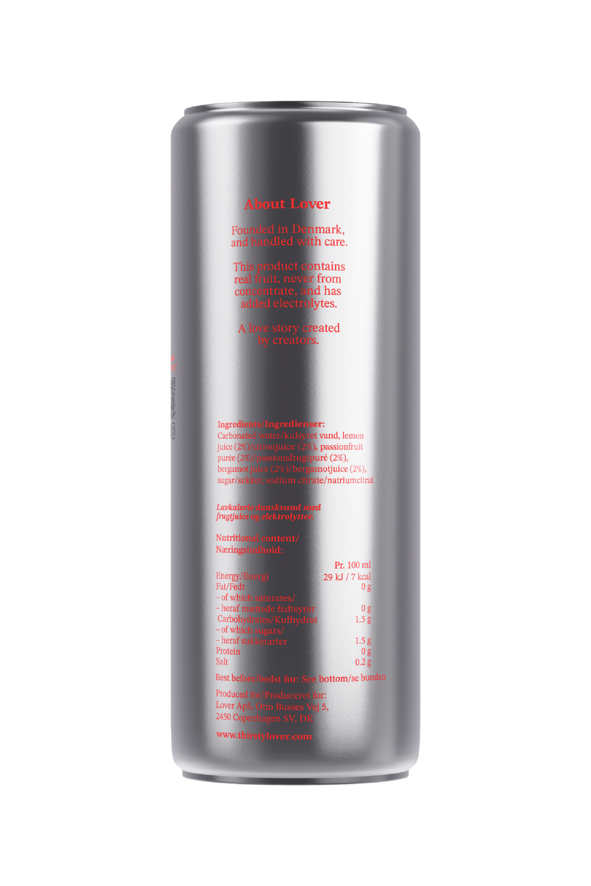 LOVER Juicy electrolyte sparkling water with sodium in a 33cl silver aluminum can shown from a back-facing studio view.