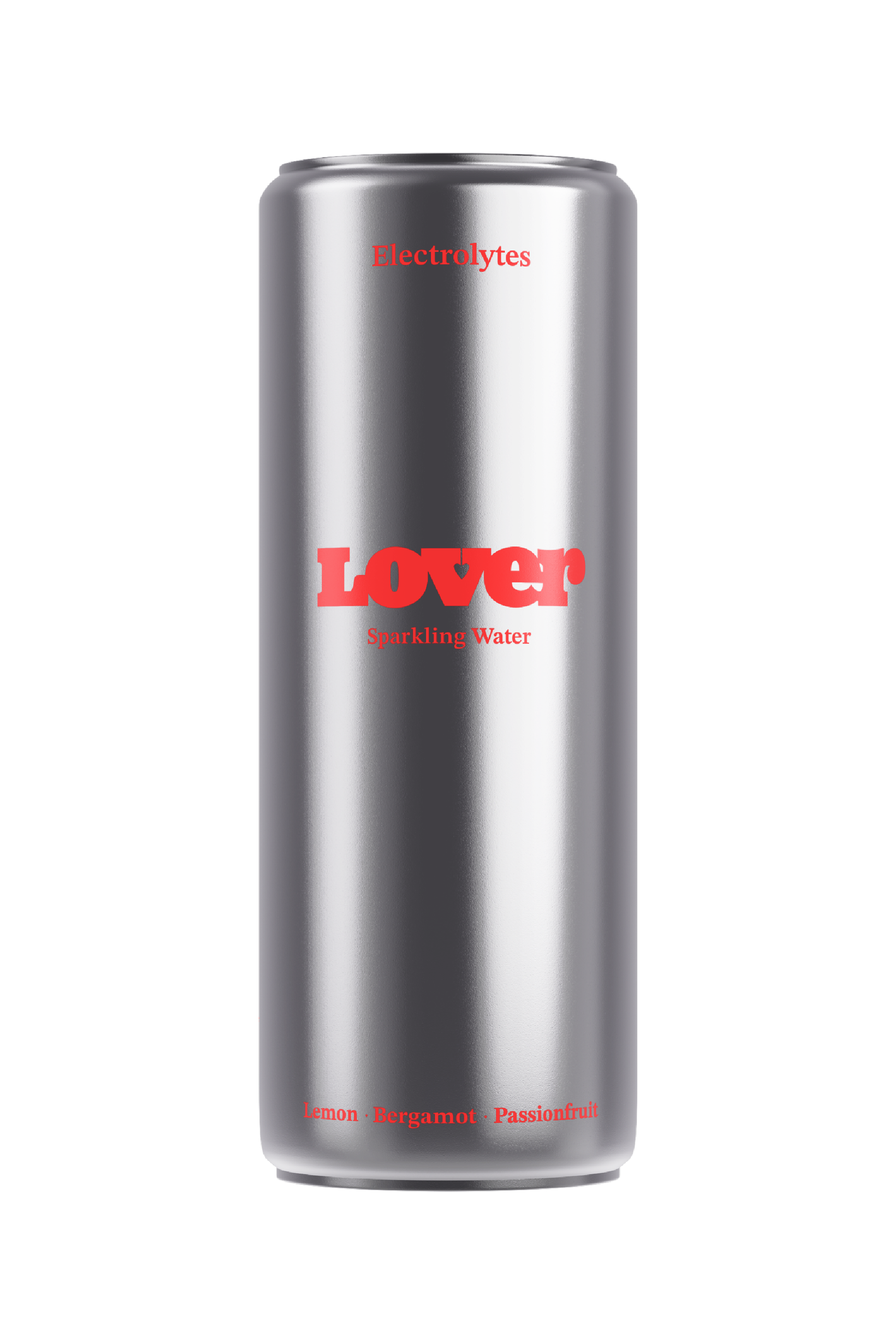 LOVER Juicy electrolyte sparkling water with sodium in a 33cl silver aluminum can shown from a front-facing studio view.