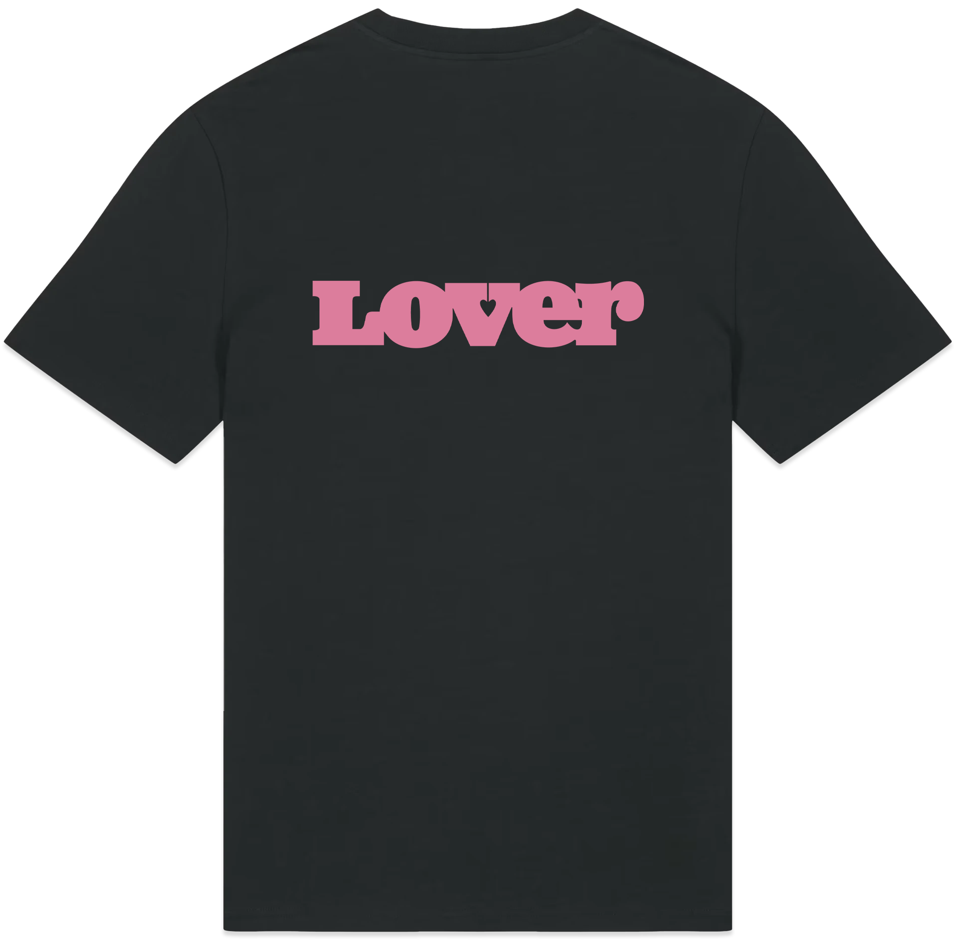 LOVER Black 100% organic cotton 240 GSM heavyweight boxy fit t-shirt with a pink logo printed on the back.