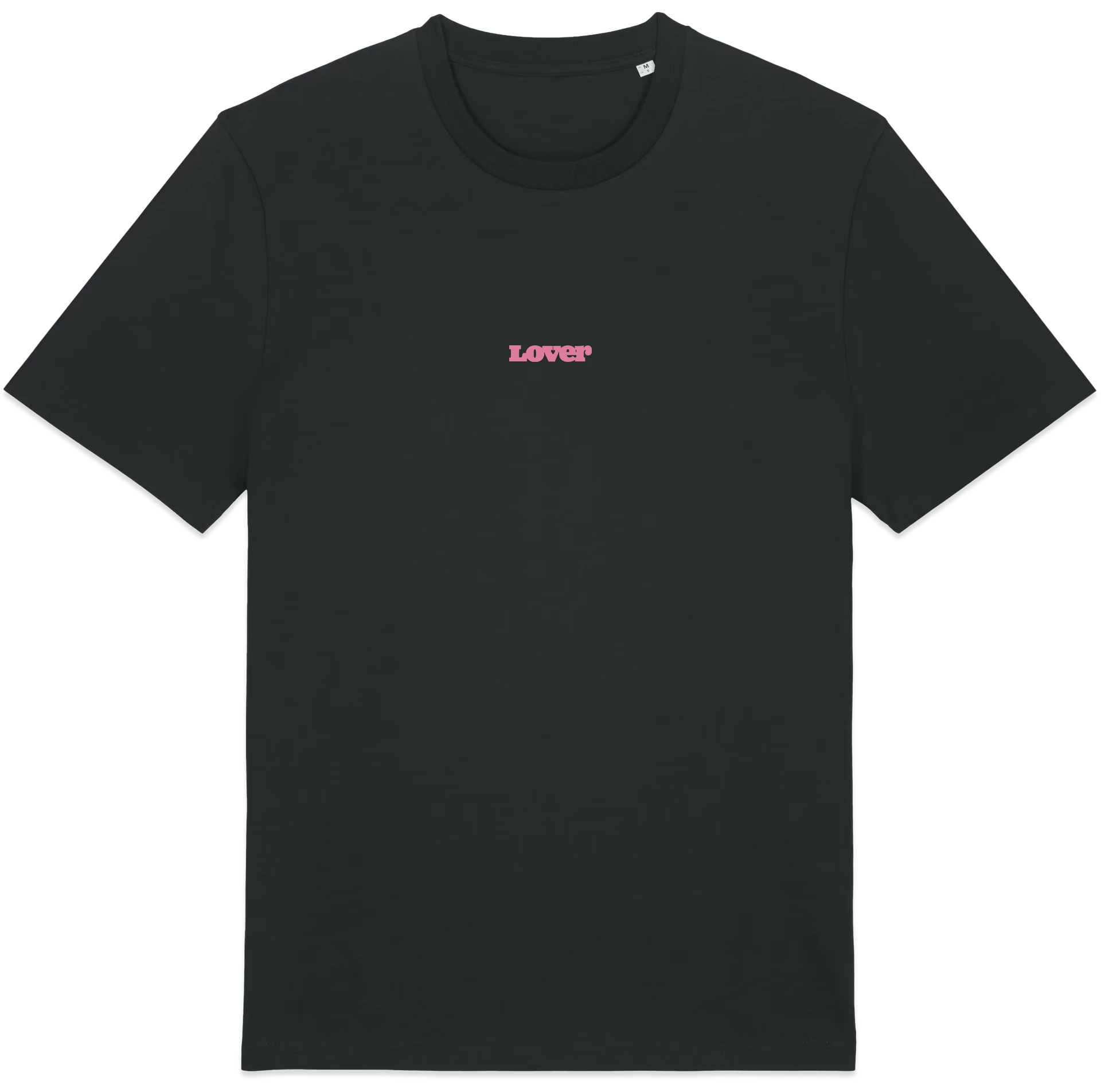 LOVER Black 100% organic cotton 240 GSM heavyweight boxy fit t-shirt with a pink logo printed on the front.