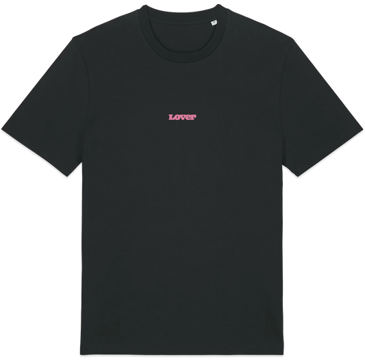 LOVER Black 100% organic cotton 240 GSM heavyweight boxy fit t-shirt with a pink logo printed on the front.
