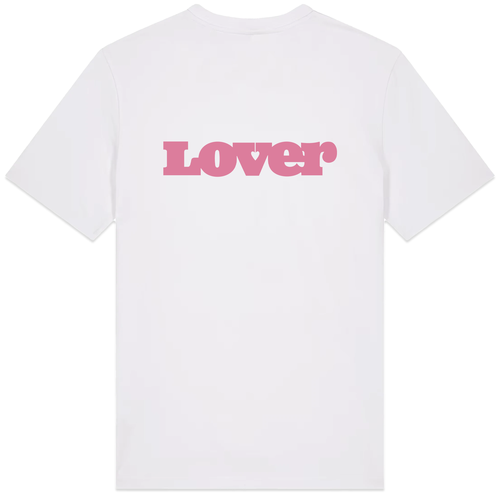 LOVER 100% organic cotton 240 GSM heavyweight boxy fit t-shirt with a pink logo printed on the back.