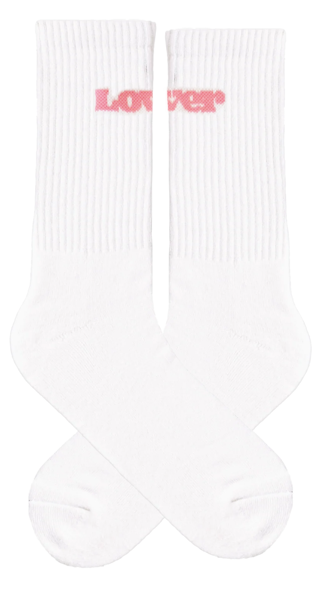 A pair of LOVER GOTS-certified organic cotton unisex socks featuring pink LOVER logos on the front.