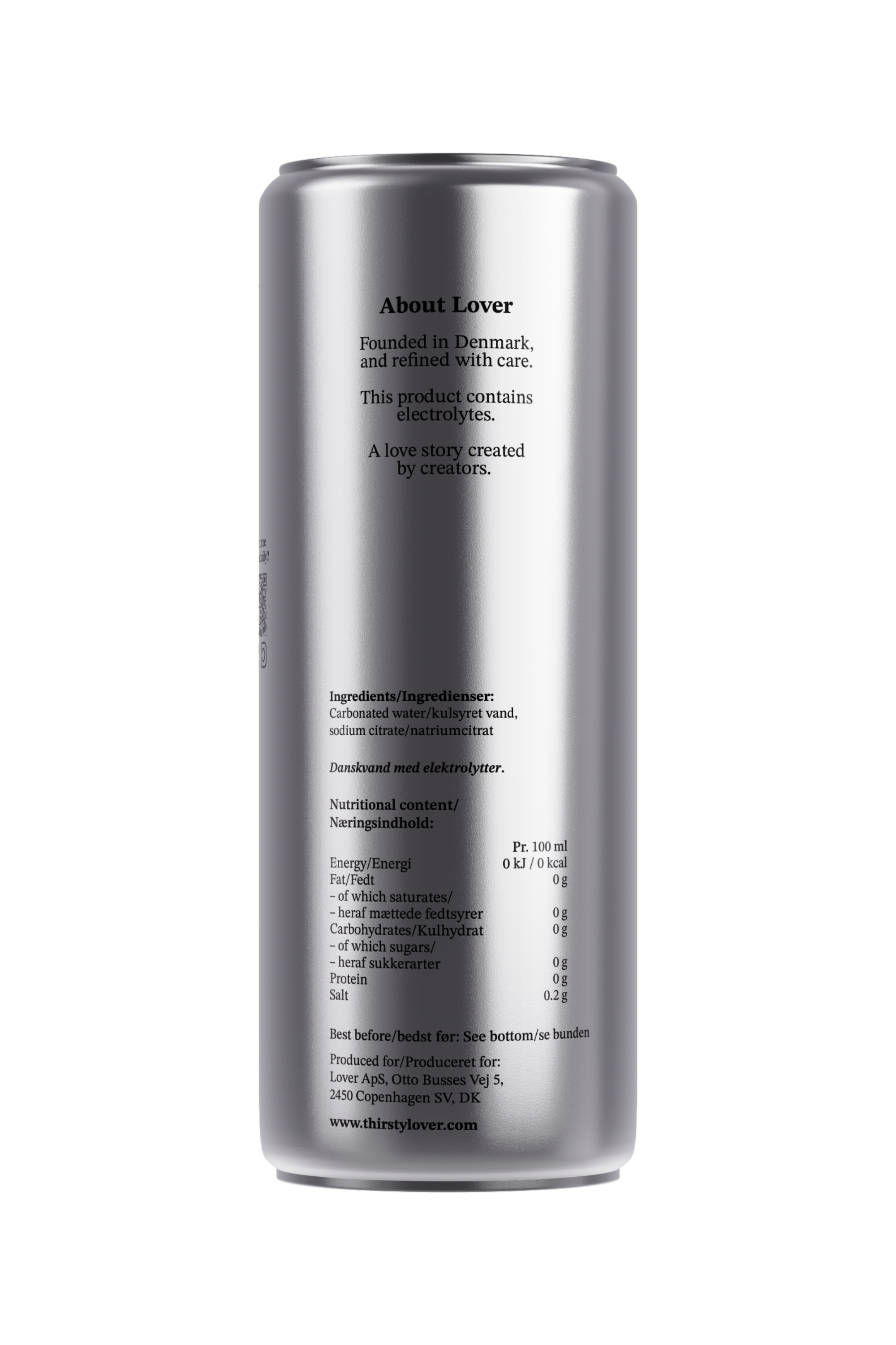 LOVER Sparkling electrolyte sparkling water with sodium in a 33cl silver aluminum can shown from a back-facing studio view.