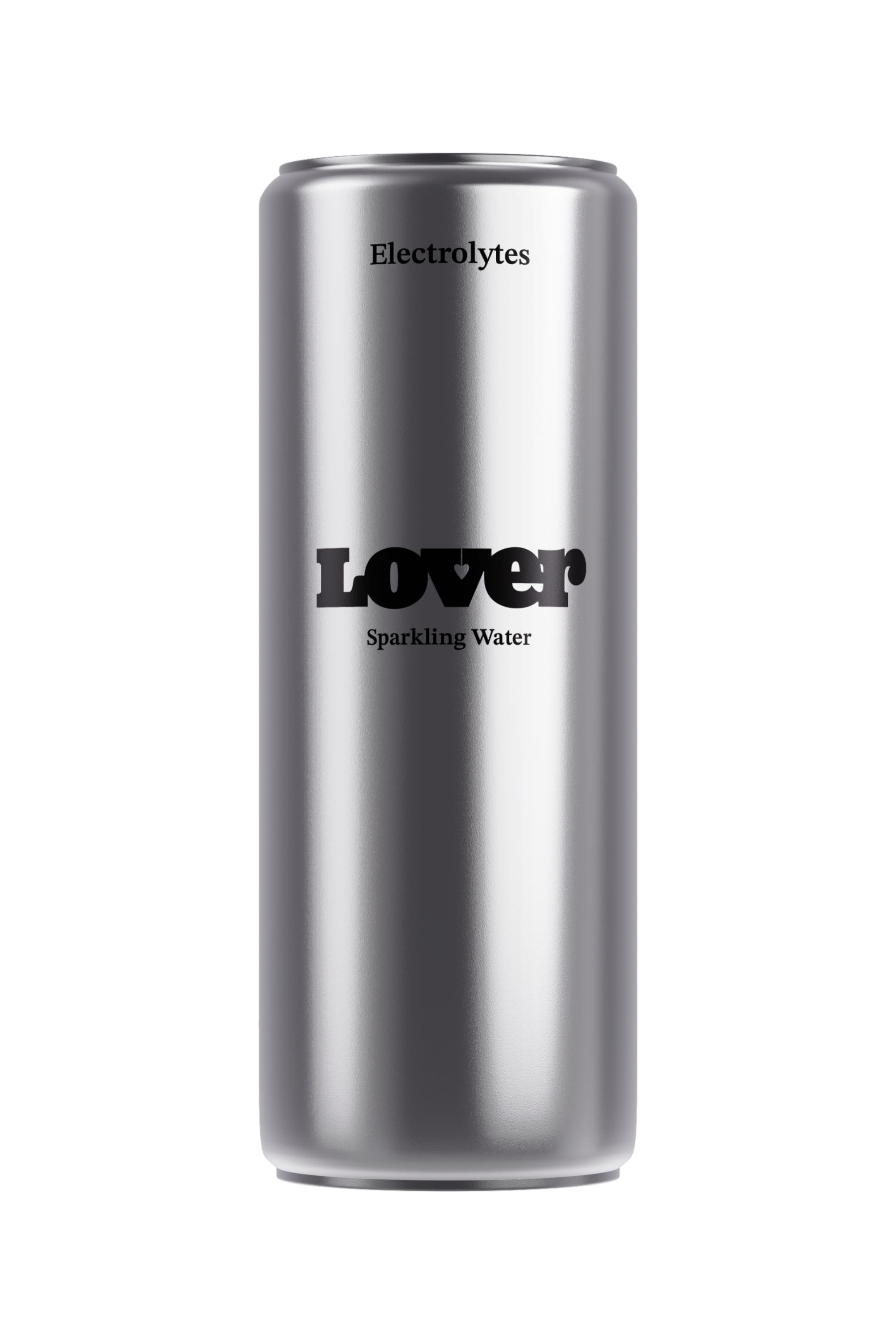 LOVER Sparkling electrolyte sparkling water with sodium in a 33cl silver aluminum can shown from a front-facing studio view.