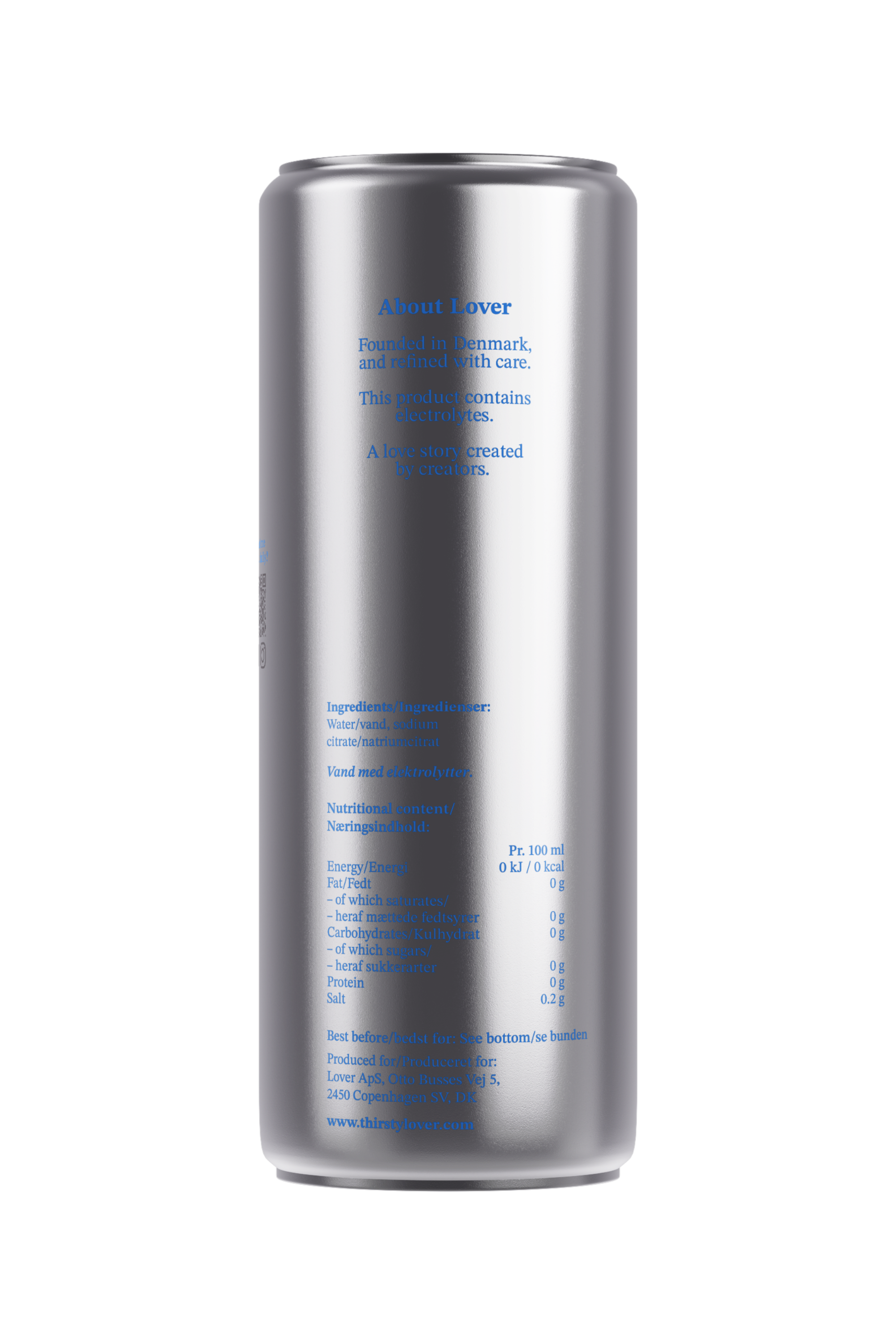 LOVER Still electrolyte sparkling water with sodium in a 33cl silver aluminum can shown from a Back-facing studio view.