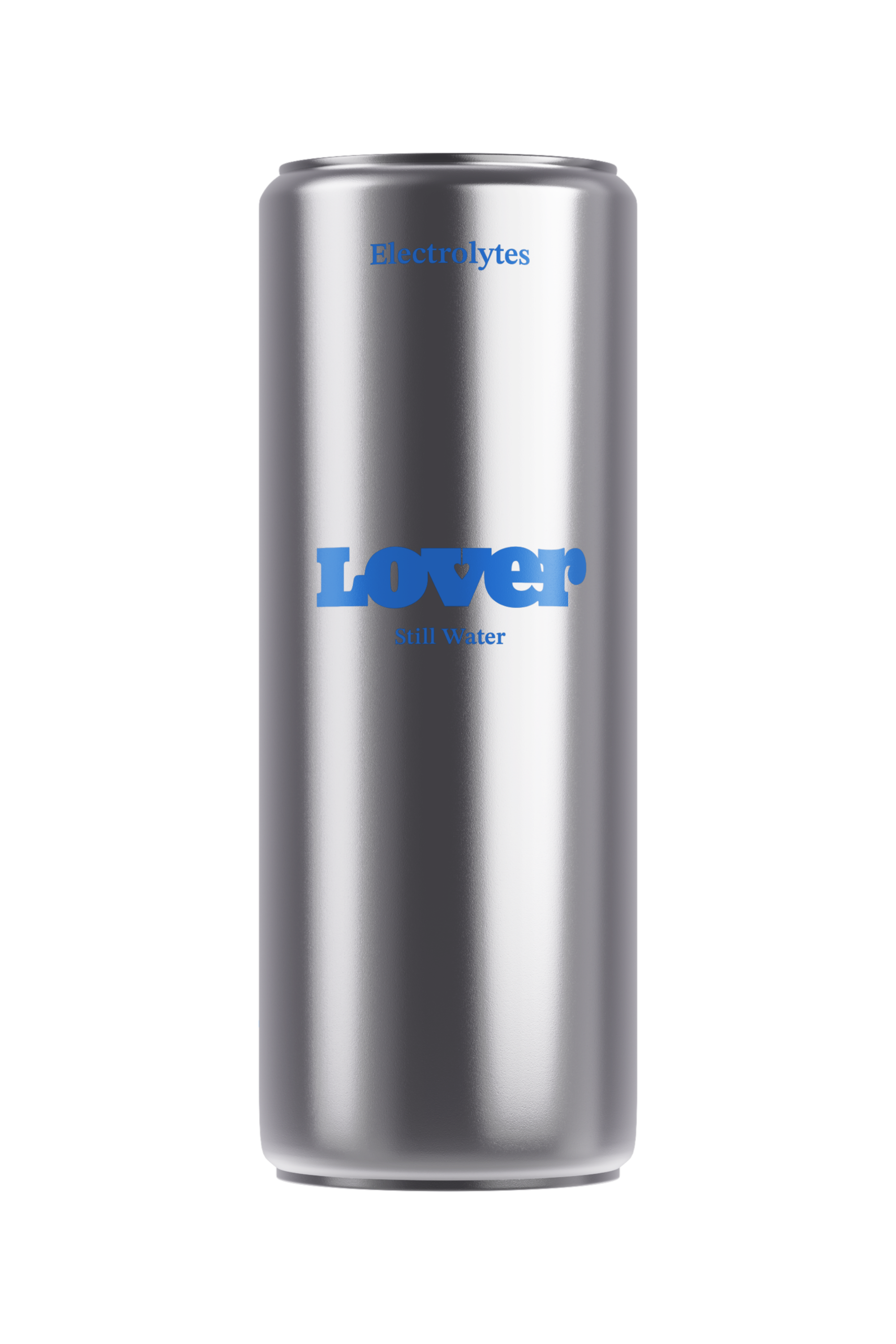 LOVER Still electrolyte sparkling water with sodium in a 33cl silver aluminum can shown from a front-facing studio view.
